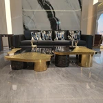 Artistic Coffee Table Set with Textured Gold Inlay and Statement Black Marble Finish
